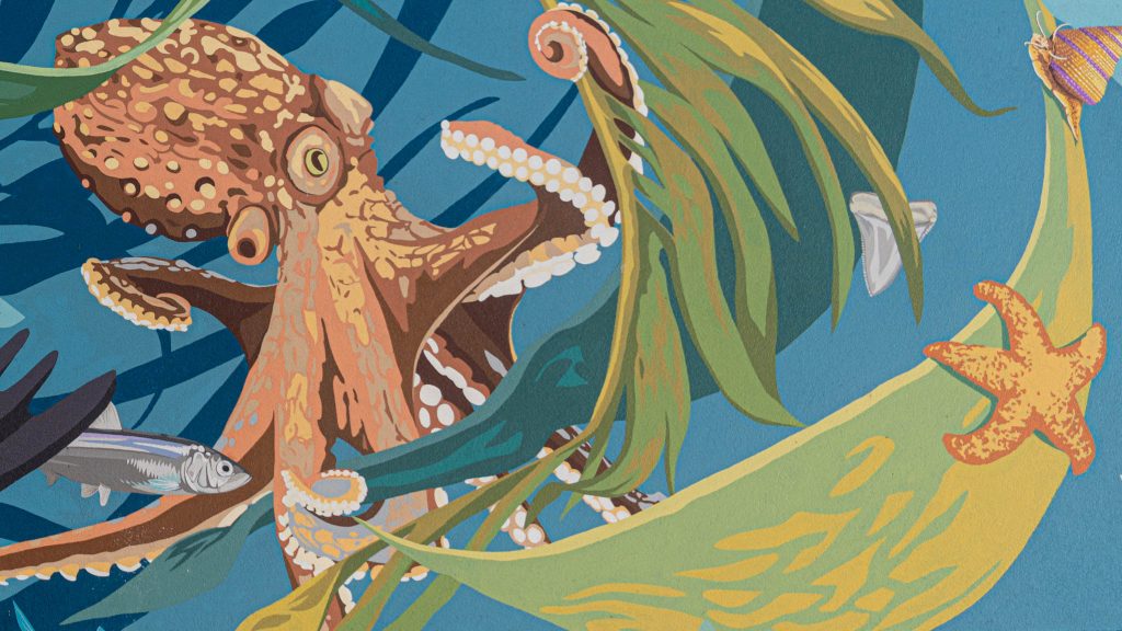 Colorful mural of an octopus with fish, seaweed, and a starfish on a blue background