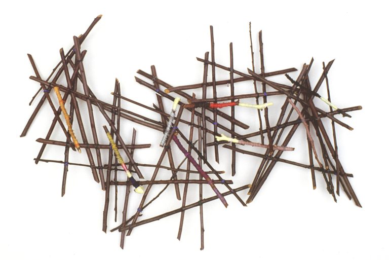 Gyongy Laky Fence Piece 1985 prunings. plastic and cloth tape telephone wire 14 x 28 x 3 inches photo courtesy of the artist 768x513