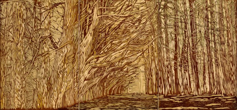 Niven Sanctuary 2026 linoleum block and ink mounted on panel 22 x 48 inches 768x359