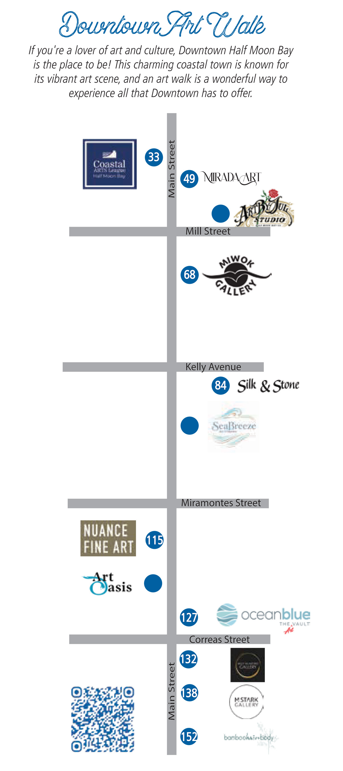 Downtown Art Walk map of Half Moon Bay with Main Street, Mill Street, Kelly Avenue, Miramontes Street, and Correas Street marked by gallery logos and numbered stops.