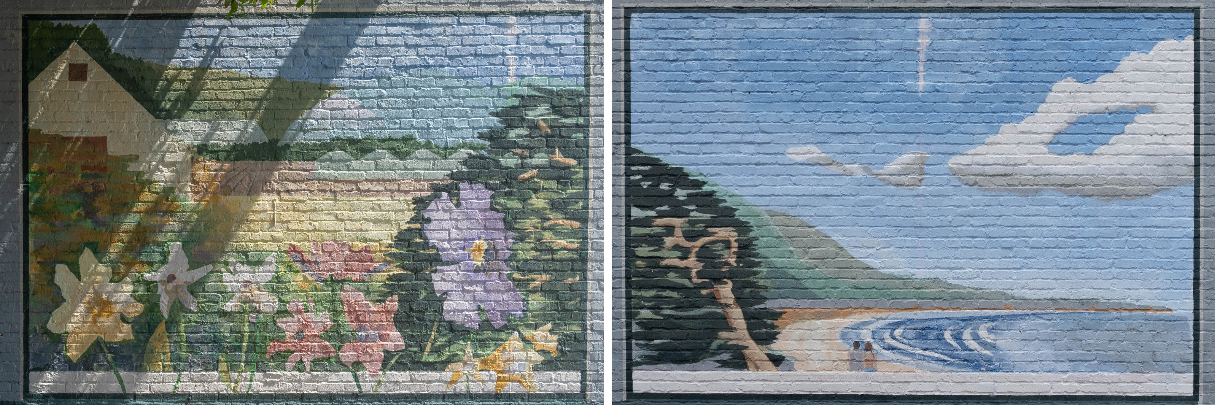 Mural on a brick wall showing flowers, trees, hills, a beach, and a blue sky with birds