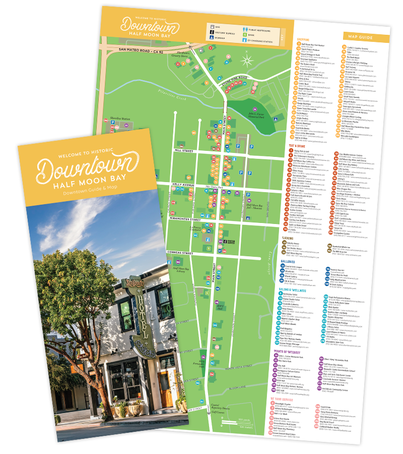 A two-page guide and map for historic Downtown Half Moon Bay. The front page features a photo of a street scene with a tree and a building with a vintage sign reading "Hotel." The back page is a detailed map of downtown streets with numbered icons indicating locations for shopping, eating and drinking, lodging, galleries, salons and wellness, points of interest, and services. The map includes a legend with symbols for parking, restrooms, bike racks, and EV charging stations. The color-coded categories and a comprehensive list of businesses and attractions are organized on the right side of the map. The overall design uses green for the map background and yellow for the header and title areas.