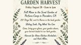 Flyer for “FULL MOON GARDEN HARVEST” with floral moon artwork, event details, and contact info for Perfume Camp in Pescadero, CA.