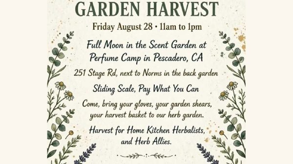 Flyer for “FULL MOON GARDEN HARVEST” with floral moon artwork, event details, and contact info for Perfume Camp in Pescadero, CA.