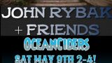 John Rybak + Friends and Ocean Ciders performing Saturday, May 9th from 2 to 4 PM at 2 Pillar Point Harbor Blvd, Half Moon Bay. The event is outside, on the coast, and free to attend. A URL for more information is https://bit.ly/hmbayblues. The background includes a coastal path with cliffs and ocean waves, and a small image of musicians playing instruments.