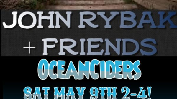 John Rybak + Friends and Ocean Ciders performing Saturday, May 9th from 2 to 4 PM at 2 Pillar Point Harbor Blvd, Half Moon Bay. The event is outside, on the coast, and free to attend. A URL for more information is https://bit.ly/hmbayblues. The background includes a coastal path with cliffs and ocean waves, and a small image of musicians playing instruments.