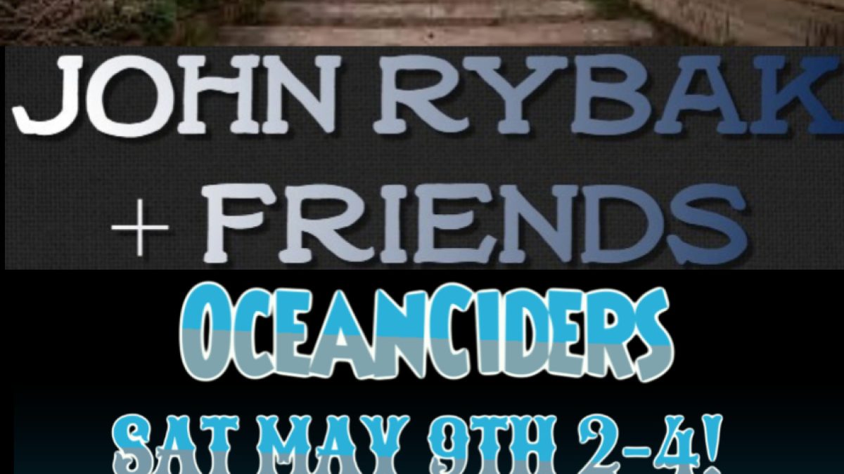 John Rybak + Friends and Ocean Ciders performing Saturday, May 9th from 2 to 4 PM at 2 Pillar Point Harbor Blvd, Half Moon Bay. The event is outside, on the coast, and free to attend. A URL for more information is https://bit.ly/hmbayblues. The background includes a coastal path with cliffs and ocean waves, and a small image of musicians playing instruments.