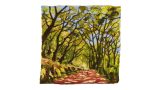 Tree-lined path with two small figures under a canopy of green and yellow leaves, painted on a square canvas.