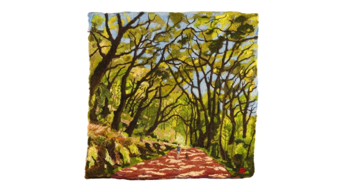 Tree-lined path with two small figures under a canopy of green and yellow leaves, painted on a square canvas.