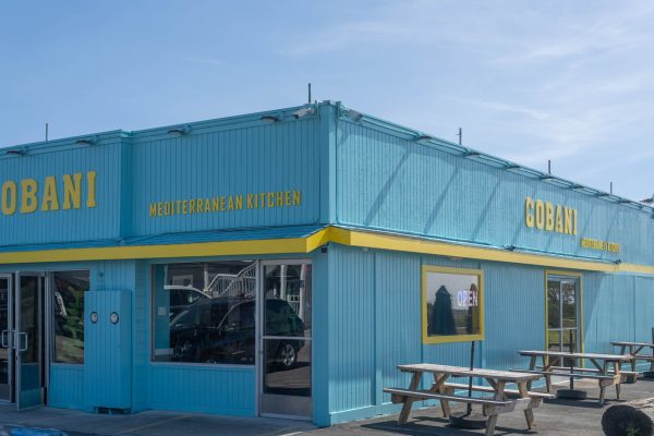 A turquoise blue building with yellow trim houses "Cobani Mediterranean Kitchen." The building has large windows and glass doors, with picnic tables placed outside on the pavement. A neon "OPEN" sign is visible in one window, and a seagull is perched on the roof. The sky is clear and blue.