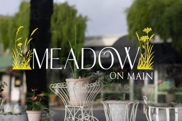 Store window with the text “MEADOW ON MAIN” and potted plants displayed behind the glass.
