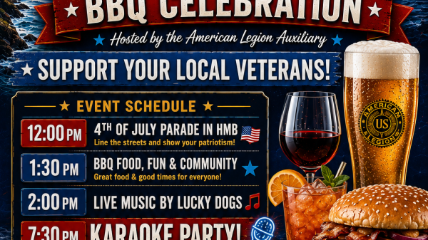 4th of July BBQ Celebration hosted by the American Legion Auxiliary, open to the public, supporting local veterans. Event schedule includes a 4th of July parade at 12:00 PM, BBQ food, fun & community at 1:30 PM, live music by Lucky Dogs at 2:00 PM, and a karaoke party at 7:30 PM. BBQ featuring hot dogs and burgers is $10 per person for ages 5 and up, free for under 5. Pets are welcome in the backyard. Location: American Legion Coastside Post 474, 470 Capistrano Road, Half Moon Bay, CA 94019. Website: www.thelegion474.com. The flyer features an American flag, fireworks, a burger, hot dog, drinks, and a dog wearing a patriotic bandana.