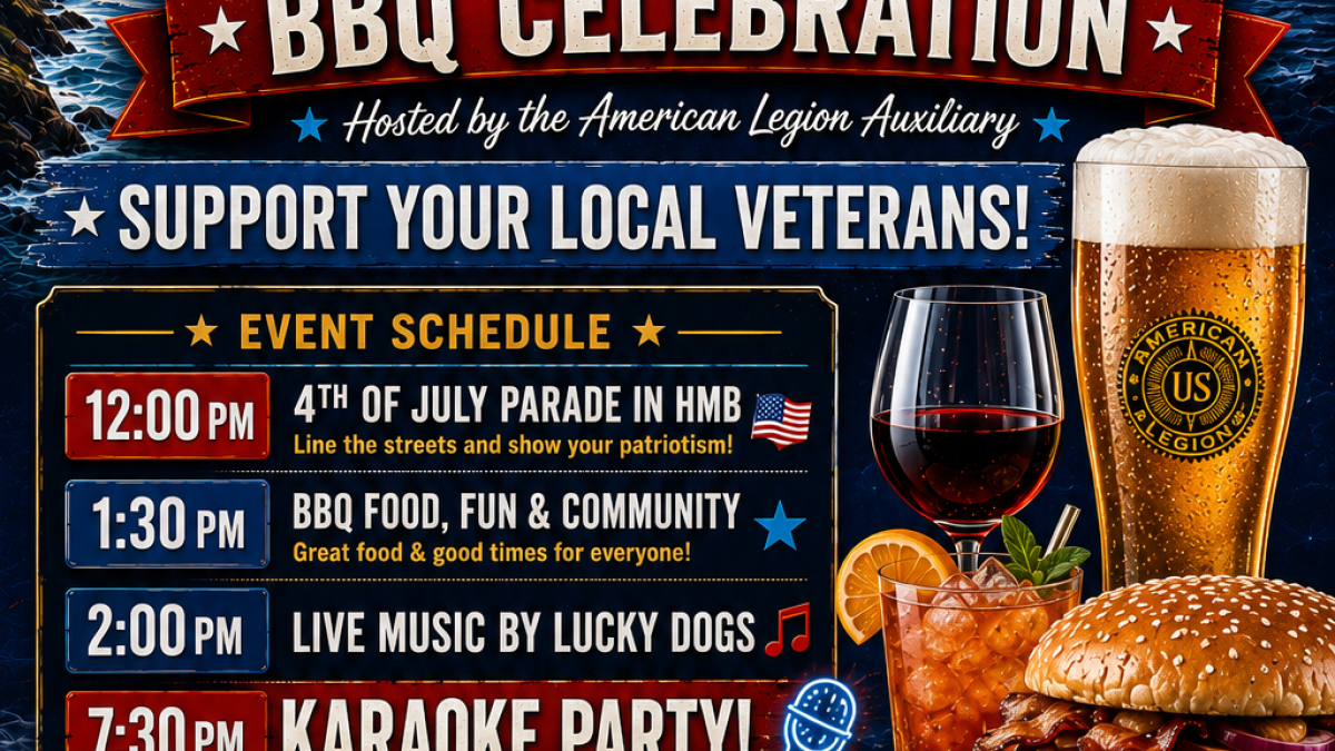 4th of July BBQ Celebration hosted by the American Legion Auxiliary, open to the public, supporting local veterans. Event schedule includes a 4th of July parade at 12:00 PM, BBQ food, fun & community at 1:30 PM, live music by Lucky Dogs at 2:00 PM, and a karaoke party at 7:30 PM. BBQ featuring hot dogs and burgers is $10 per person for ages 5 and up, free for under 5. Pets are welcome in the backyard. Location: American Legion Coastside Post 474, 470 Capistrano Road, Half Moon Bay, CA 94019. Website: www.thelegion474.com. The flyer features an American flag, fireworks, a burger, hot dog, drinks, and a dog wearing a patriotic bandana.