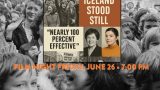 Poster for a film titled "The Day Iceland Stood Still" featuring a black-and-white photo of a large crowd of women, a quote saying "Nearly 100 percent effective," and two portraits of women. The background shows a black-and-white photo of a crowd, with text at the bottom in orange reading "Film Night Friday, June 26 • 7:00 PM.