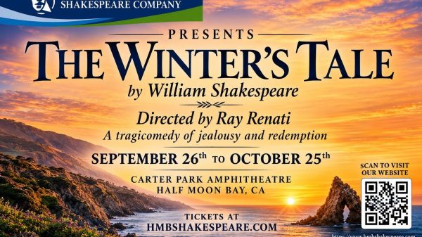 Half Moon Bay Shakespeare Company poster for The Winter’s Tale with dates, venue, website, and QR code over a sunset coastline.