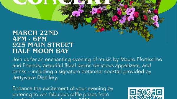 Flower Piano Concert on March 22nd from 4 PM to 6 PM at 925 Main Street, Half Moon Bay. An evening of music by Mauro Ffortissimo and Friends with floral decor, appetizers, drinks, and a signature botanical cocktail by Jettywave Distillery. Enter to win raffle prizes valued at $500+ from local businesses. Tickets: $55 non-senior, $45 senior 60+. Visit seniorcoastsiders.org or call (650) 726-9056. Proceeds benefit Senior Coastsiders supporting successful aging for older Coastside adults. The image features a grand piano decorated with colorful flowers.