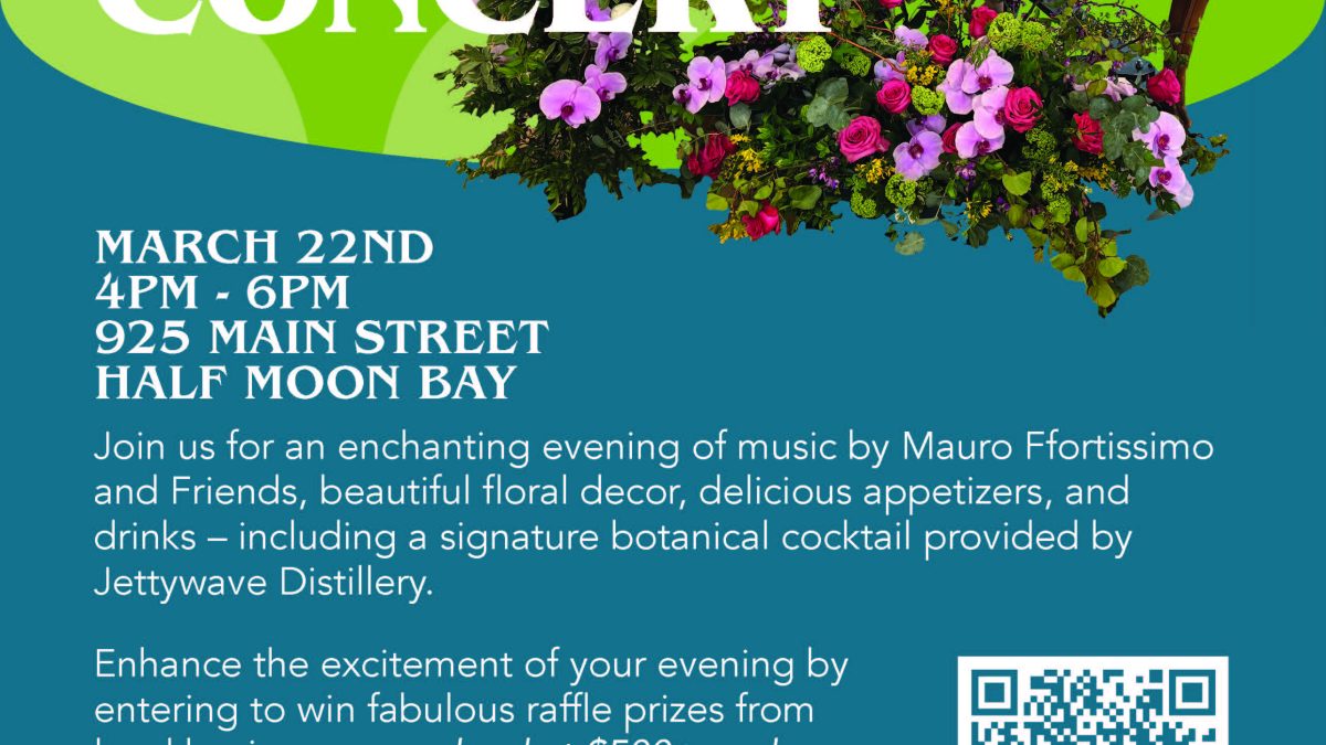 Flower Piano Concert on March 22nd from 4 PM to 6 PM at 925 Main Street, Half Moon Bay. An evening of music by Mauro Ffortissimo and Friends with floral decor, appetizers, drinks, and a signature botanical cocktail by Jettywave Distillery. Enter to win raffle prizes valued at $500+ from local businesses. Tickets: $55 non-senior, $45 senior 60+. Visit seniorcoastsiders.org or call (650) 726-9056. Proceeds benefit Senior Coastsiders supporting successful aging for older Coastside adults. The image features a grand piano decorated with colorful flowers.