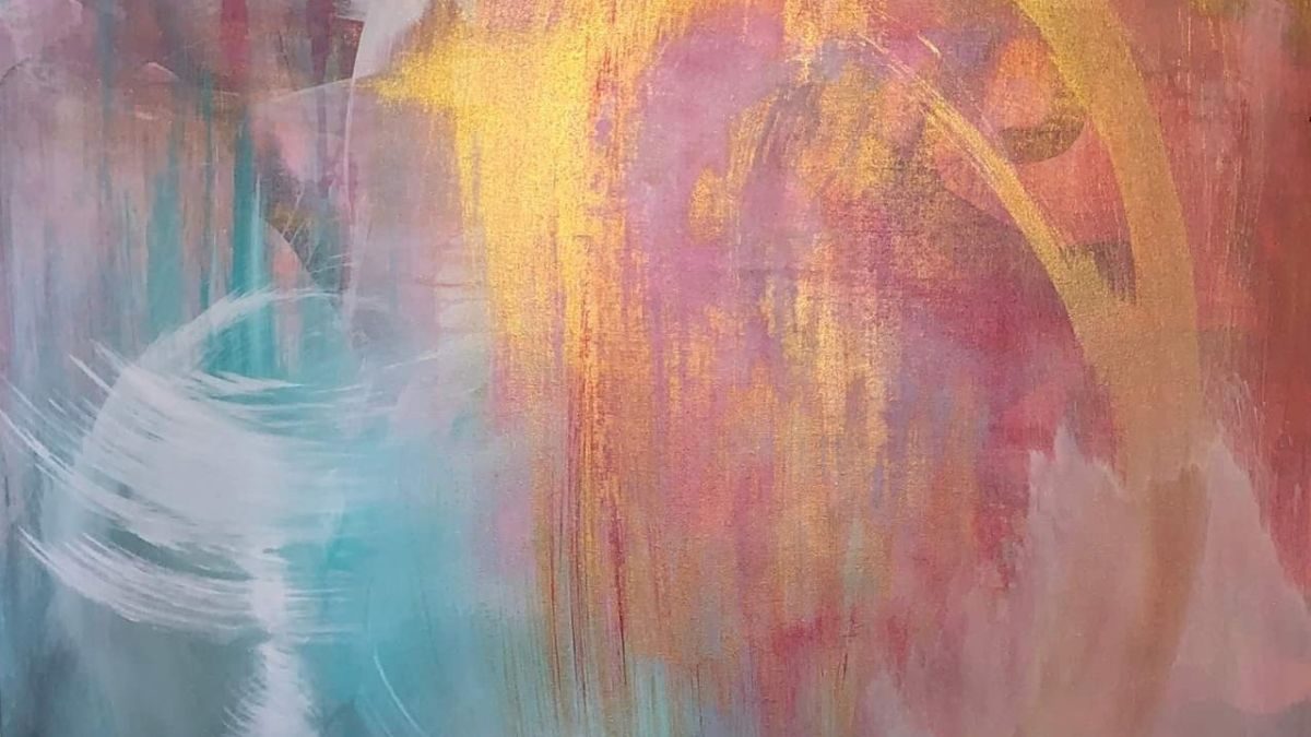 Abstract painting with pastel brushstrokes in teal, white, pink, and gold.