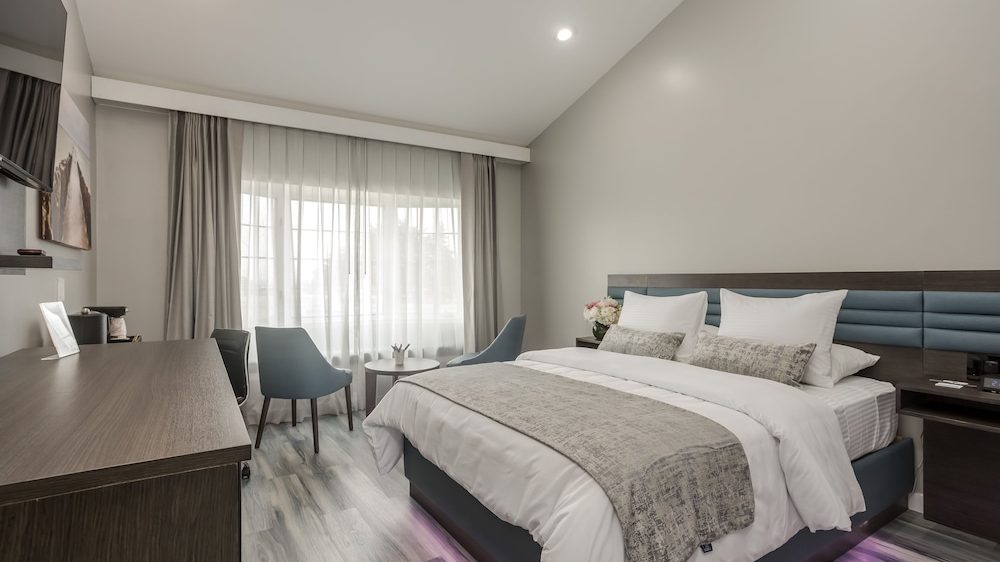 Modern hotel room with a large bed featuring white linens, gray textured throw and pillows, and a dark wood headboard with blue padding. Two blue chairs and a small round table are positioned near a large window with sheer and gray curtains. A dark wood desk with a chair is on the left side, and a flat-screen TV is mounted on the wall above it. The room has light gray walls and wood-look flooring with subtle purple lighting under the bed.