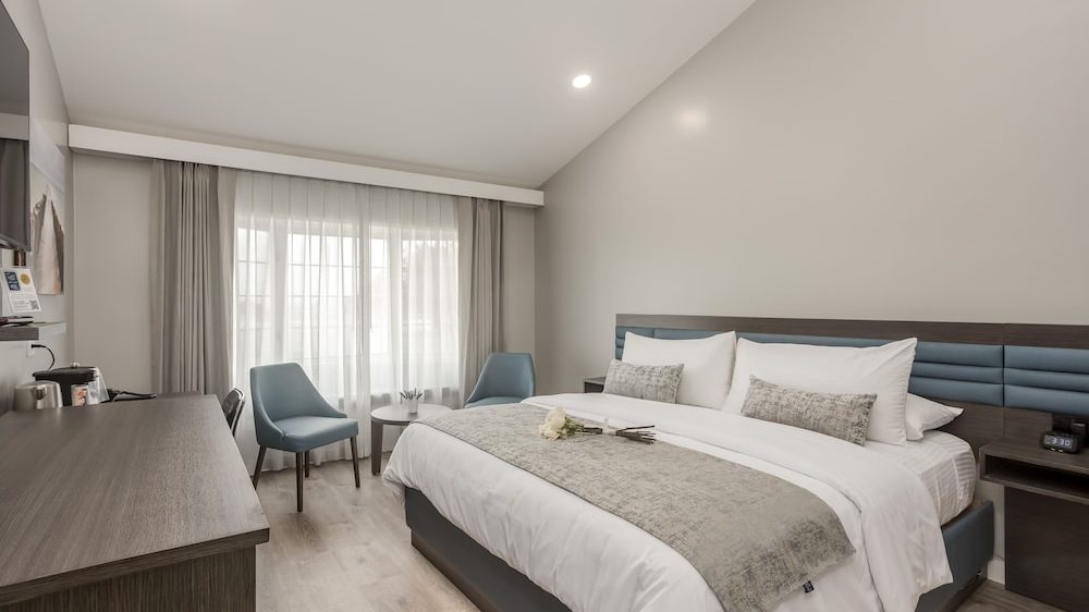 Modern hotel room with a large bed featuring white linens, gray decorative pillows, and a gray throw blanket. Two blue upholstered chairs and a small round table are positioned near a window with sheer white curtains and gray drapes. The room has light wood flooring, a dark wood desk with a coffee maker, and a wall-mounted TV. The walls are painted light gray, and recessed ceiling lights provide illumination.