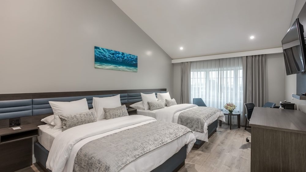 Two neatly made beds with white linens and gray patterned throws in a modern hotel room. The room features a wooden floor, a large window with sheer and blackout curtains, a wall-mounted TV, a desk with a chair, and a small round table with a flower arrangement. A blue and green ocean-themed painting hangs above the beds.