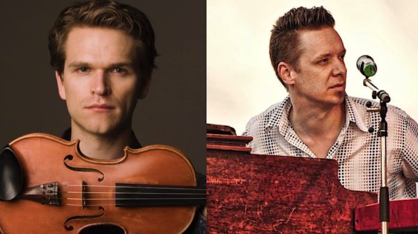 A split image featuring two men: on the left, a man with light brown hair holds a violin close to his face, looking directly at the camera with a neutral expression against a dark background; on the right, a man with short, styled hair wearing a white patterned shirt is seated behind a reddish-brown piano, looking to his left with a microphone positioned near him.