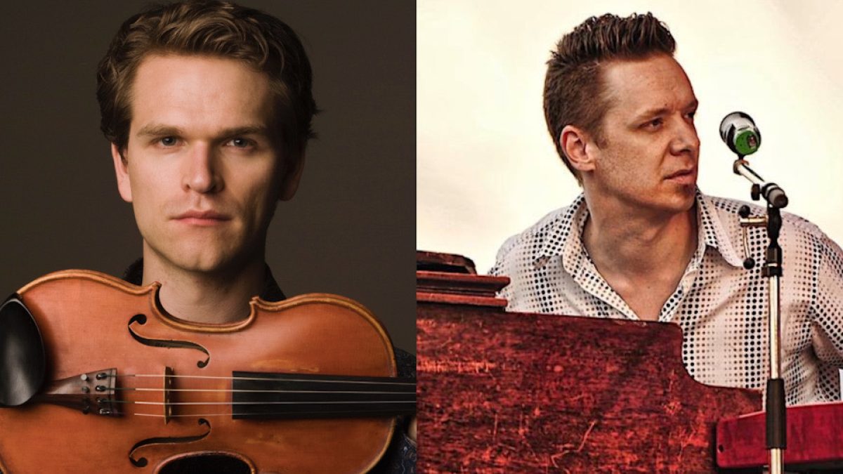 A split image featuring two men: on the left, a man with light brown hair holds a violin close to his face, looking directly at the camera with a neutral expression against a dark background; on the right, a man with short, styled hair wearing a white patterned shirt is seated behind a reddish-brown piano, looking to his left with a microphone positioned near him.