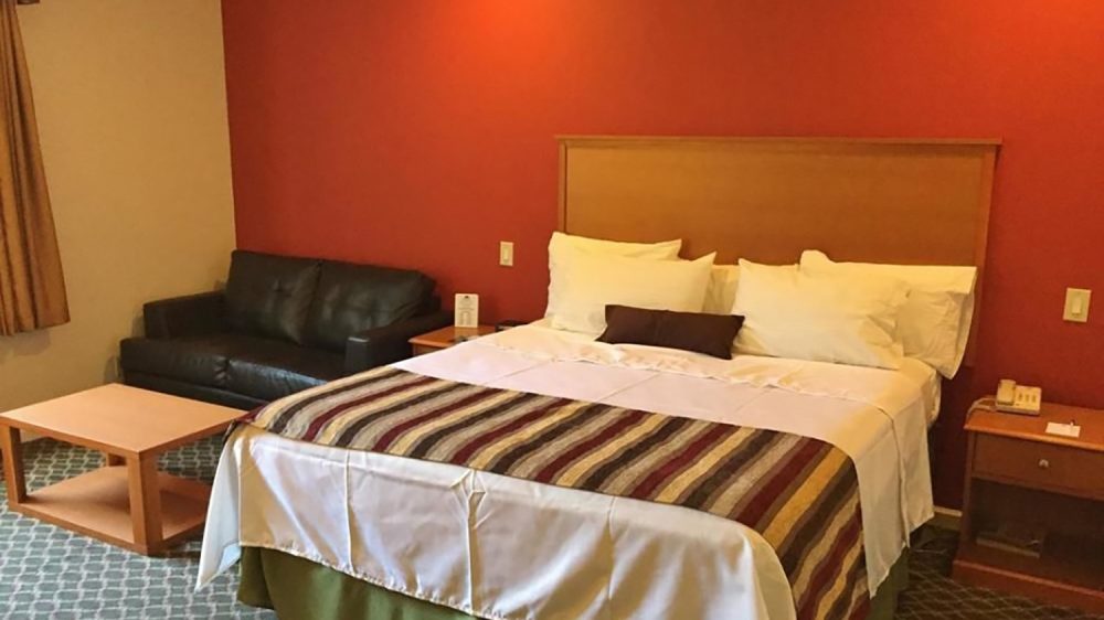 Hotel room with a large bed featuring white sheets, multiple pillows, and a striped bed runner. The room has a red accent wall behind the bed, a wooden headboard, a black leather couch, a wooden coffee table, and two wooden nightstands with a phone and other small items. The floor is carpeted with a patterned design.