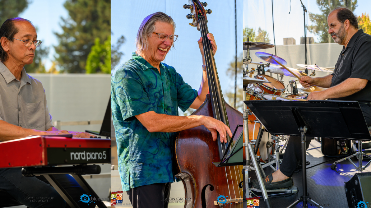 Three musicians perform outdoors: a keyboardist, upright bassist, and drummer on stage.