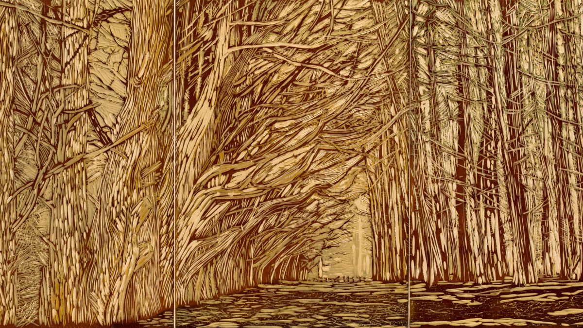 Abstract forest scene with tall trees forming a tunnel over a path, rendered in brown and gold tones.