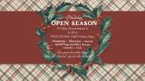 Holiday Open Season event poster with holly wreath and text: Friday, November 6, 6–8PM, Main Street, Half Moon Bay.