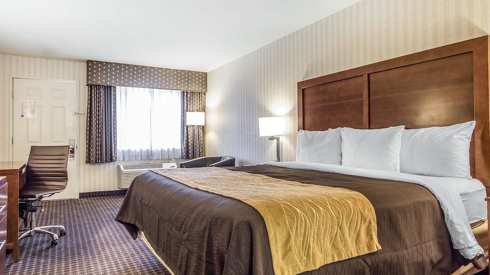 A hotel room with a large bed featuring a wooden headboard, white pillows, a brown bedspread, and a yellow throw blanket. The room has patterned carpet, a window with curtains and a valance, a floor lamp, a desk with a brown office chair, and a door in the background. The walls have a subtle striped wallpaper.