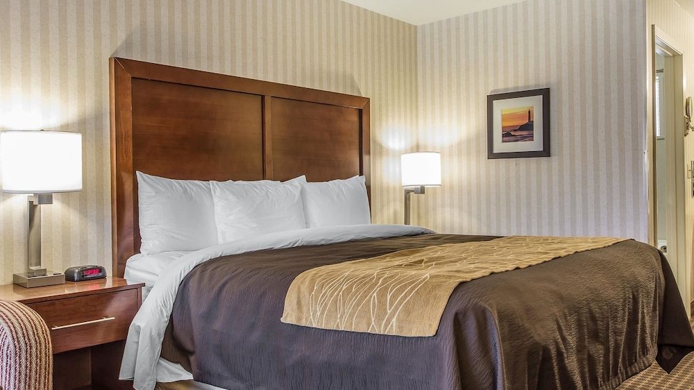 King-sized bed with white pillows and sheets, a brown bedspread, and a beige decorative runner. The bed has a wooden headboard. On the left side, there is a wooden nightstand with a modern lamp and a digital alarm clock. The walls have beige vertical striped wallpaper, and there is a framed picture hanging on the wall to the right of the bed. The floor is carpeted with a patterned design.