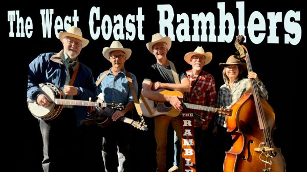 Five cowboy-hatted musicians pose with banjo, guitar, and upright bass under the text “The West Coast Ramblers.”