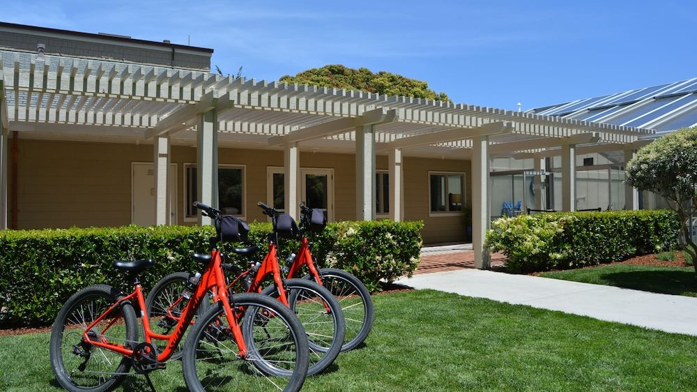 Three red bicycles are parked on a grassy lawn in front of a beige building with a white pergola. The building has several windows and doors, and there are green bushes lining the area between the lawn and the building. The sky is clear and blue.
