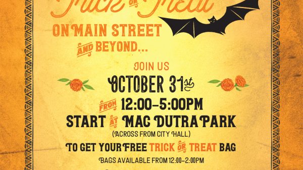 Halloween flyer reading “Trick or Treat on Main Street and Beyond” with a bat graphic and event details for October 31st at Mac Dutra Park.