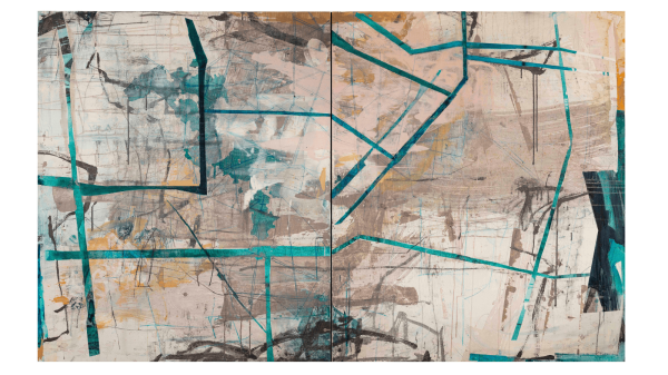 Abstract painting featuring intersecting teal lines over a textured background of muted beige, gray, and ochre tones. The composition includes various brushstrokes, smudges, and layered patches of color, creating a sense of depth and movement. The teal lines form angular shapes and pathways across the canvas, contrasting with the softer, more diffuse areas of color.