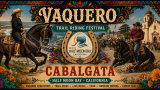 Vaquero Trail Riding Festival poster with riders on horses, Half Moon Bay, California, and the text “CABALGATA” and “VAQUERO.”