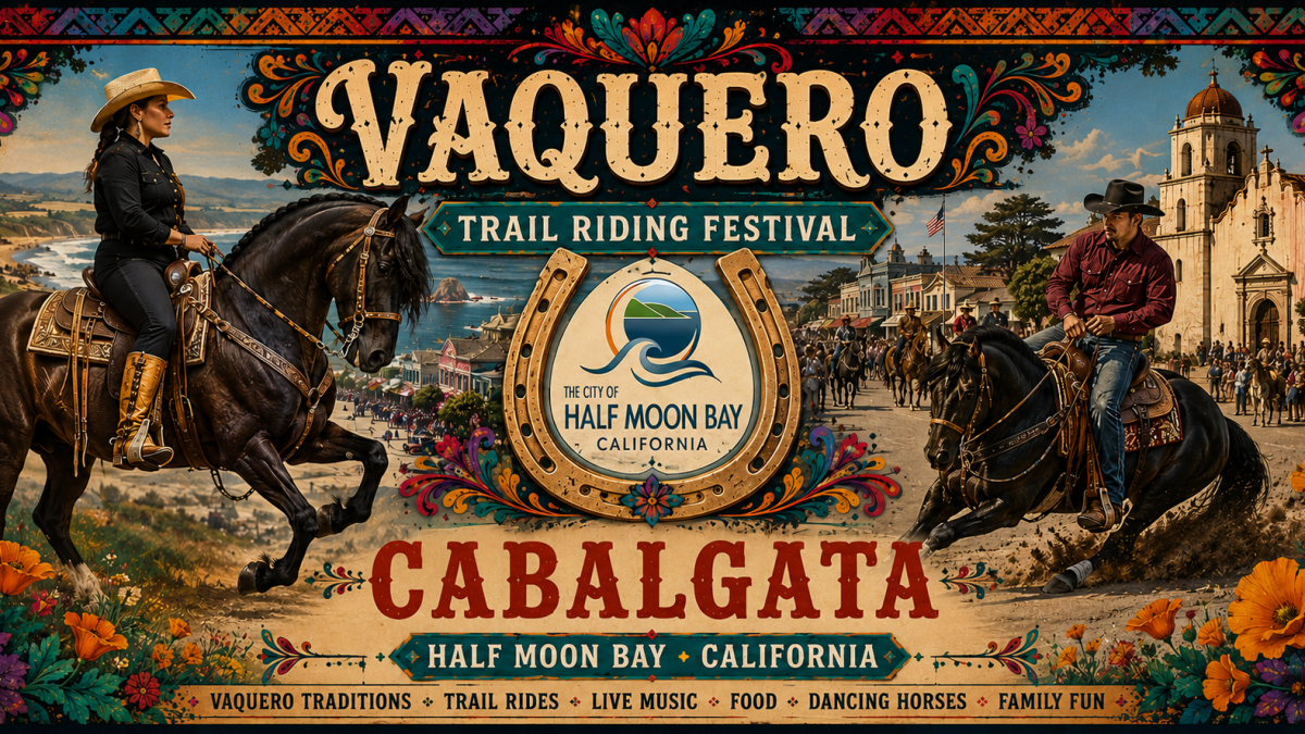 Vaquero Trail Riding Festival poster with riders on horses, Half Moon Bay, California, and the text “CABALGATA” and “VAQUERO.”
