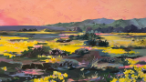 A colorful painting of a landscape featuring a field with yellow flowers and green shrubs. In the background, there are rolling hills painted in shades of green and blue. The sky is a warm gradient of pink and orange, suggesting either sunrise or sunset. The brushstrokes are broad and expressive, giving the scene a vibrant and dynamic feel.