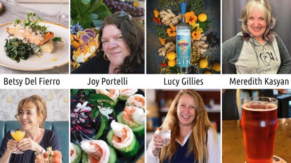 Collage of food, drinks, and portraits labeled Betsy Del Fierro, Joy Portelli, Lucy Gillies, and Meredith Kasyan.