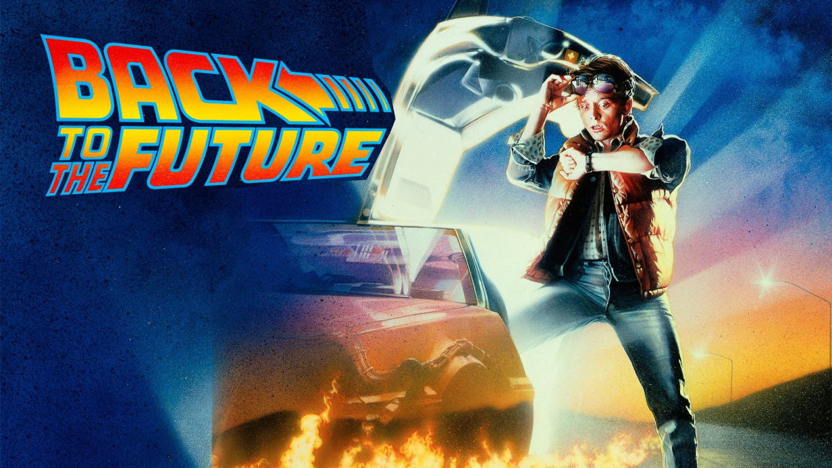 Back to the Future movie poster with Marty McFly beside a DeLorean and the title text on a blue background.