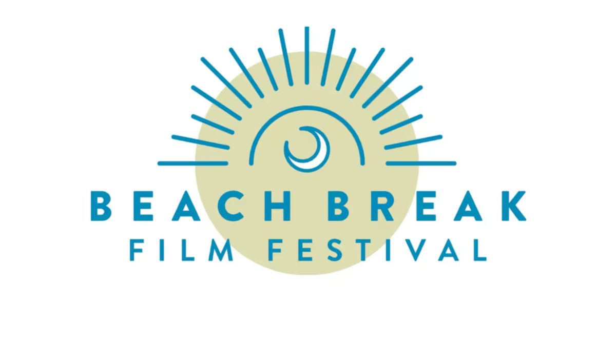 Logo for the Beach Break Film Festival featuring a stylized blue crescent wave inside a semicircle with radiating blue lines above a pale yellow circle background. The text "BEACH BREAK" is in bold blue uppercase letters, with "FILM FESTIVAL" in smaller blue uppercase letters below.