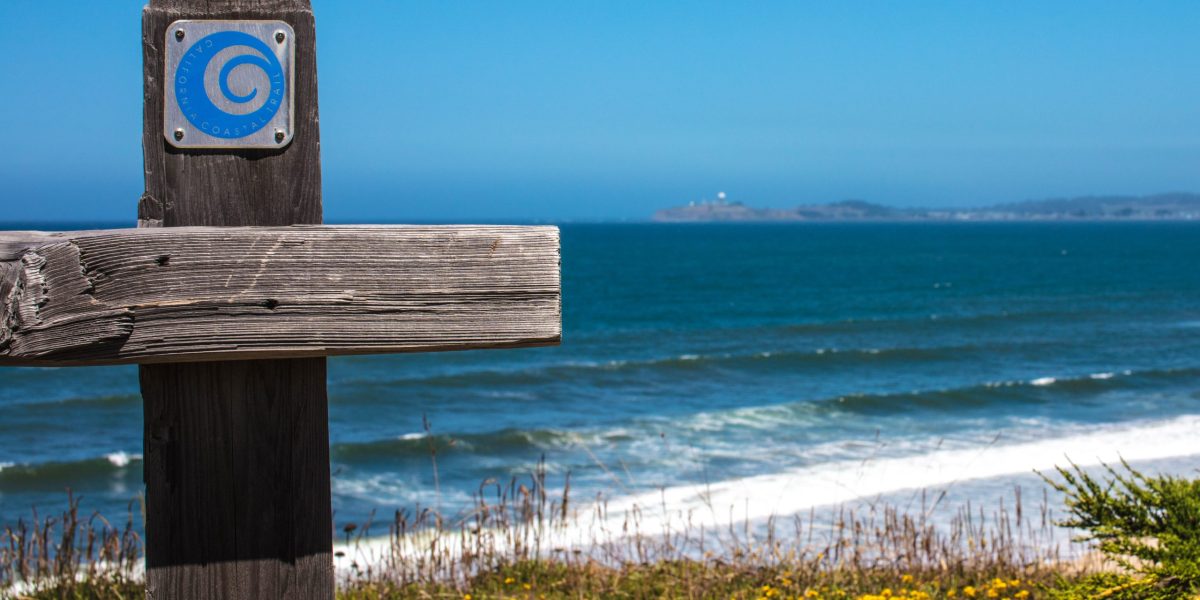 Weathered wooden signpost with a blue circular California Coastal Trail emblem, set against a backdrop of ocean waves, a sandy beach with yellow wildflowers, and a clear blue sky.