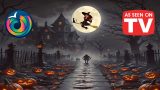 Halloween scene with jack-o'-lanterns lining a path to a haunted house, a witch on a broom in front of the moon, and an “AS SEEN ON TV” badge