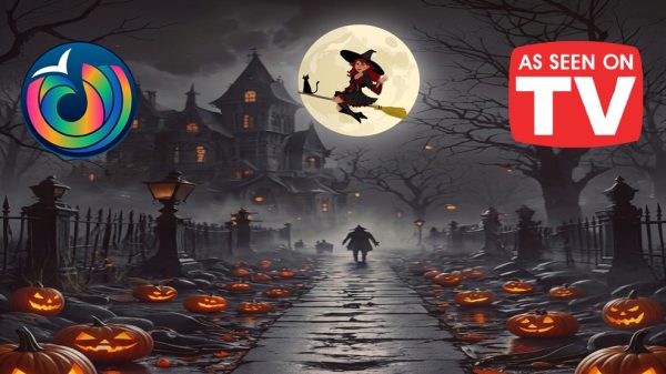 Halloween scene with jack-o'-lanterns lining a path to a haunted house, a witch on a broom in front of the moon, and an “AS SEEN ON TV” badge