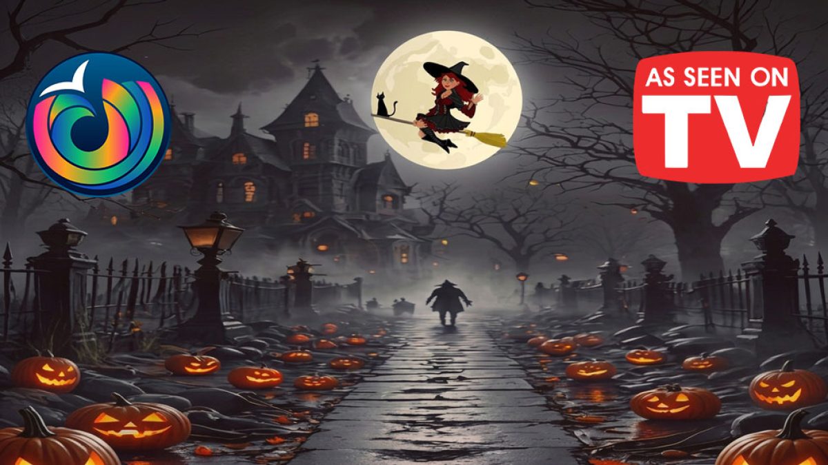 Halloween scene with jack-o'-lanterns lining a path to a haunted house, a witch on a broom in front of the moon, and an “AS SEEN ON TV” badge
