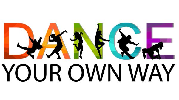 The image features the phrase "DANCE YOUR OWN WAY" with the word "DANCE" in large, colorful letters. Each letter in "DANCE" is filled with a different gradient color and contains a black silhouette of a person dancing in various dynamic poses. The words "YOUR OWN WAY" are written below in bold black letters on a white background.
