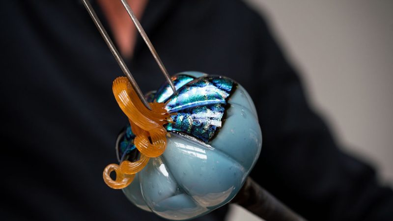 A close-up of a glassblowing process showing a blue, rounded glass piece with iridescent blue and black accents. A person is using metal tweezers to shape an orange, curly glass detail on top of the piece. The background is blurred, focusing attention on the glasswork.