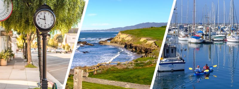 A collage of three scenes: on the left, a black street clock showing 4:55 stands on a sunny sidewalk with trees and parked cars in the background; in the center, a coastal landscape with green grassy cliffs overlooking a rocky beach and ocean waves under a clear blue sky; on the right, a marina filled with numerous sailboats and yachts, with two people paddling a blue kayak on calm water.
